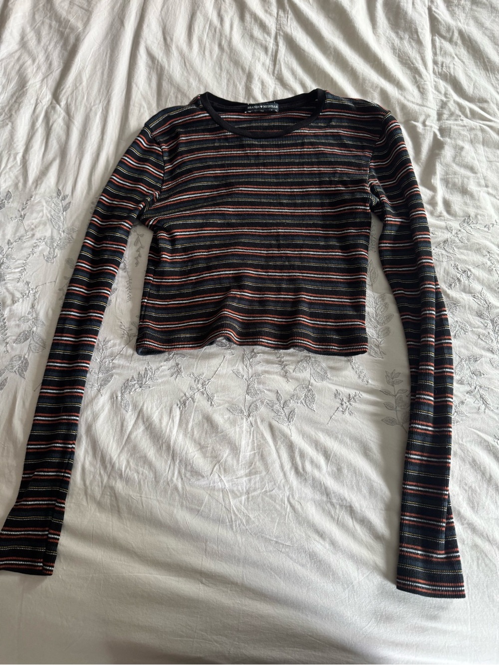 Brandy Melville Black Cropped Long-Sleeve Tee with Multi Stripes